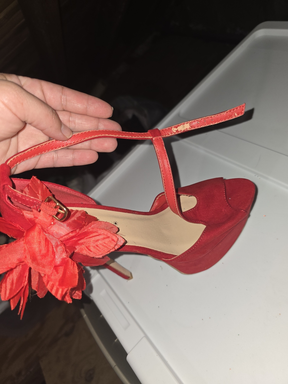 Red Floral Ankle-Strap Platform Heels